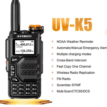 ANYSECU UV-K5 FM-радио с мощност 5 W с Предупреждение за времето, NOAA, Трехдиапазонное 136-174 Mhz, 350-400 Mhz, 400-470 Mhz, с Гласова Рацией с Скремблированием