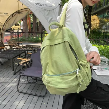 Раница за момичета в корейски стил, лек ретро платно раница, студентски чанта, женски обикновен Зелен